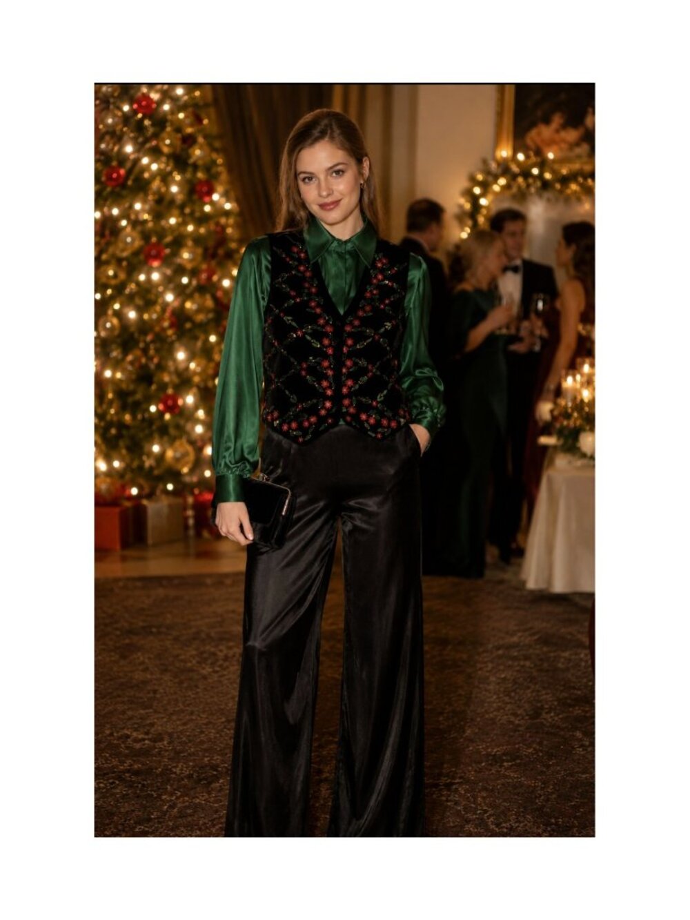 Vintage Chrysantheme L Black Velvet Vest Poinsettia Embroidery Adjustable Preppy - Picture 14 of 15